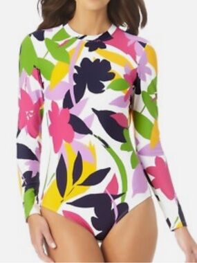 Anne Cole Sz 10 Long Sleeve Open Back One Piece Rash Guard Swimsuit Surfing New